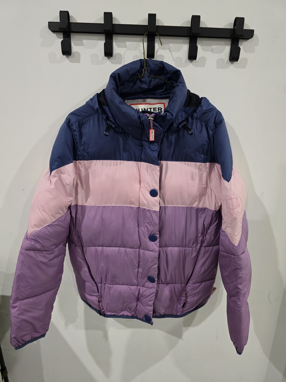 Hunter Colorblock Puffer Jacket in Navy, Pink & Lavender